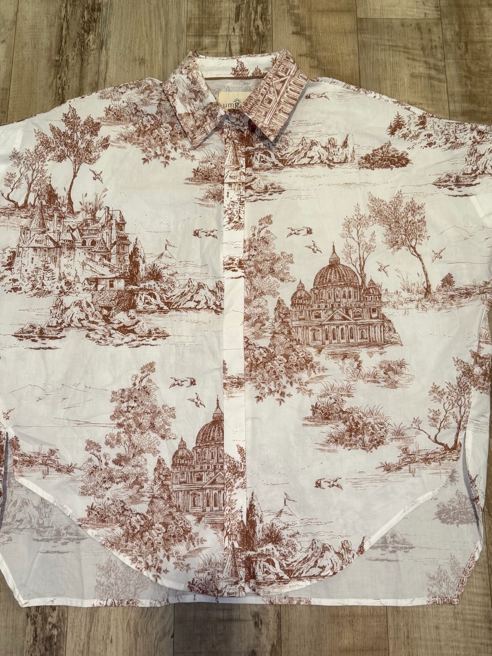 Umgee Womens S Brown Cream Toile Print Button Down Shirt Oversized Cotton Boho